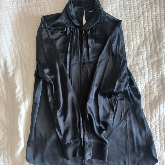 Black Silk Elie Tahari High Collar Button Up Formal Dress Shirt Womens Large Top - Picture 2 of 7